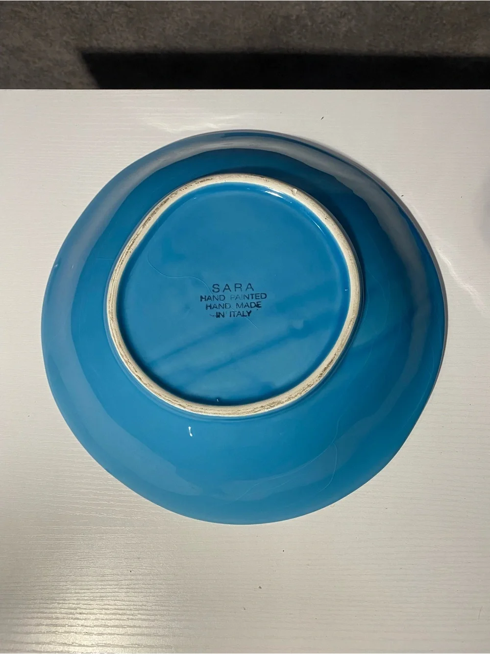 Italian Ceramic Bowl Sara Hand Painted Rainbow Swirl Blue Crazing Chip 9.5 In